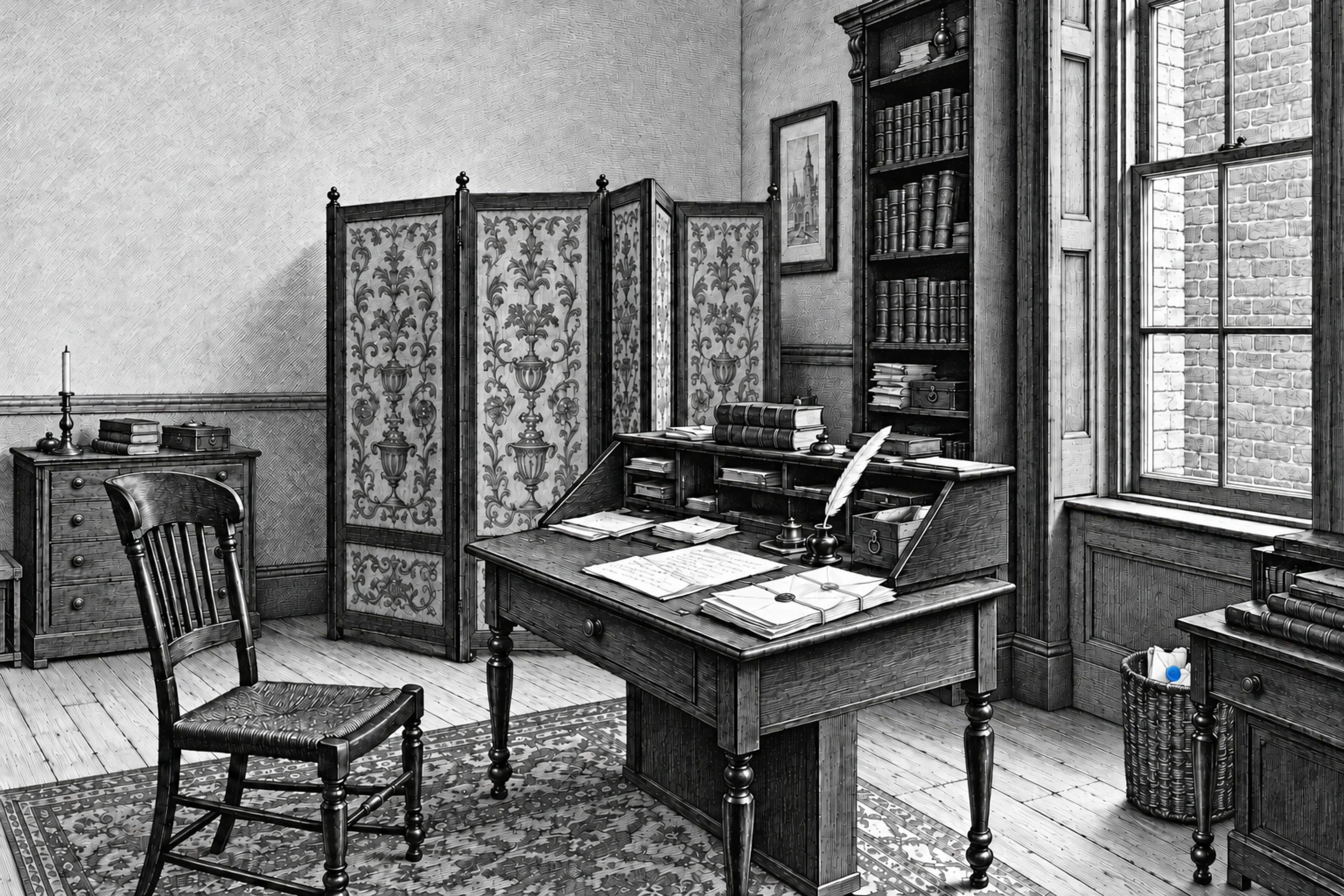 Steel engraving of a copyist’s desk with stacked letters, a folding screen, and a tall window facing a brick wall.